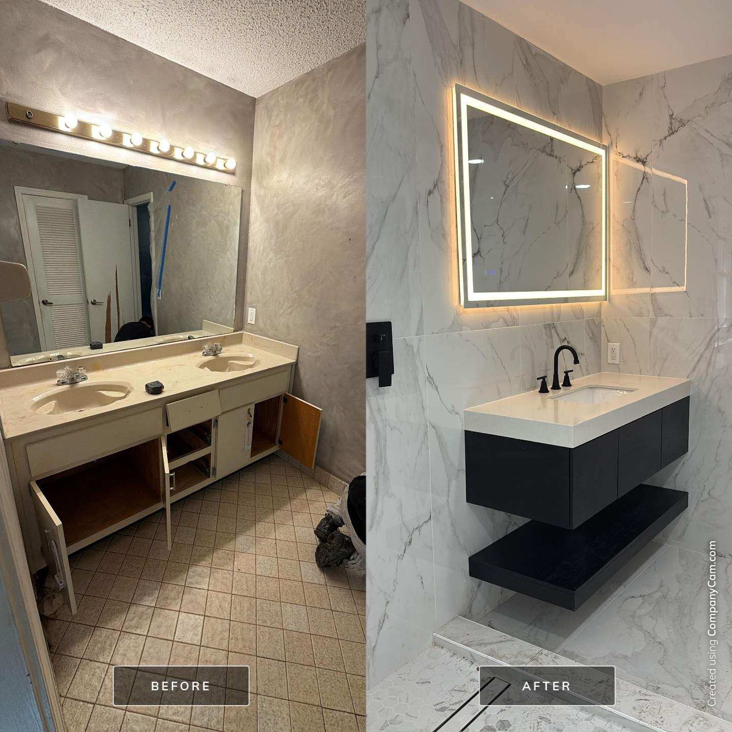 Luxury bathroom renovation with backlit LED mirror, marble accent wall, and floating vanity by Urban Jax Homes in Jacksonville, FL