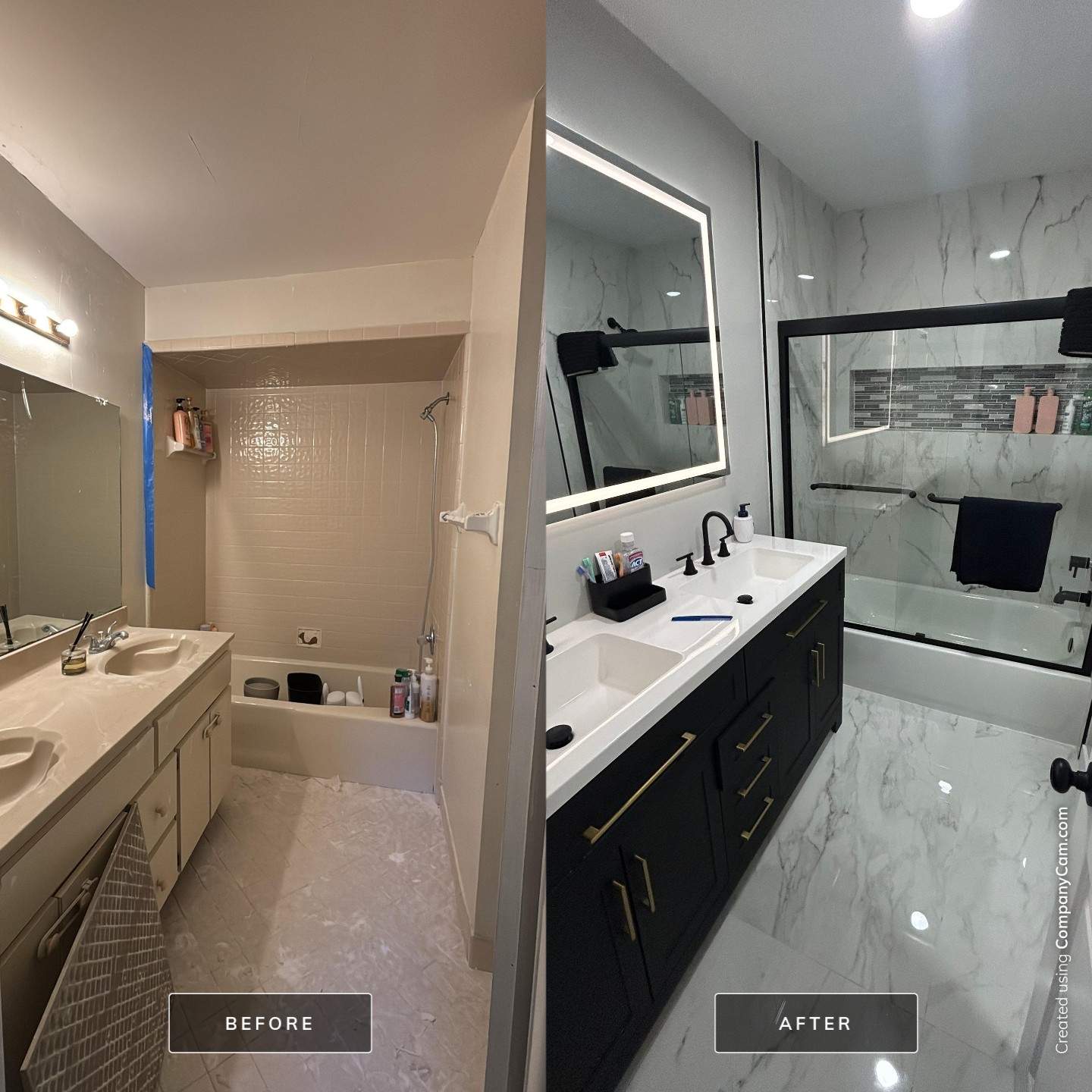 Modern master bathroom remodel with freestanding tub, walk-in glass shower, and double vanity by Urban Jax Homes in Jacksonville, FL