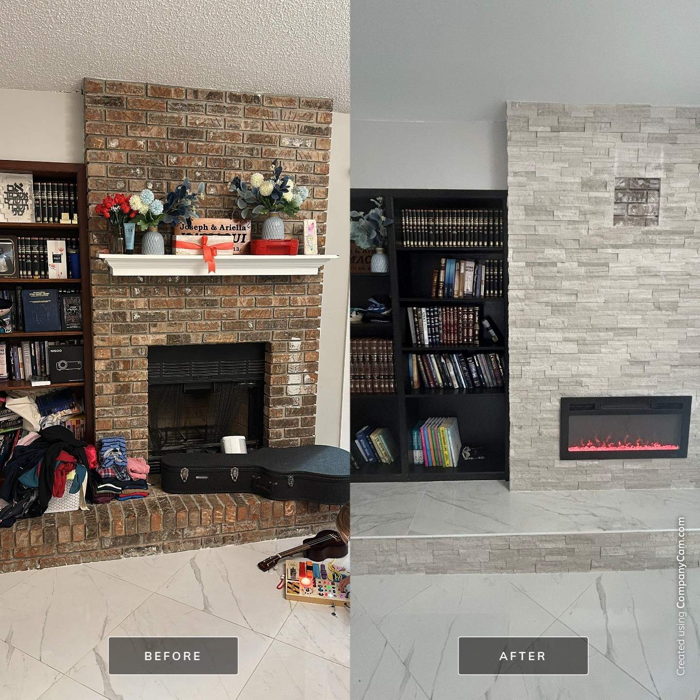 Living room renovation with brick fireplace, built-in bookshelves, and electric fireplace insert by Urban Jax Homes, Jacksonville FL